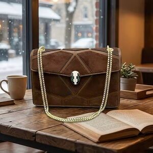 Coffee Suede Serpent Clasp Shoulder Bag